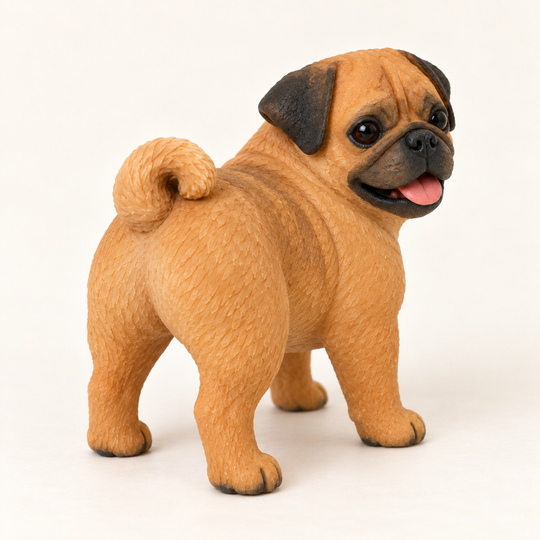 Illustrative rear three-quarter view of a Pug figurine showing its curled tail.