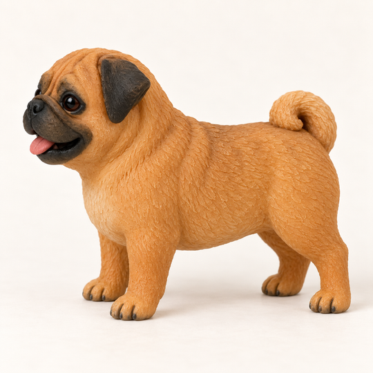Illustrative side view of a standing fawn Pug polymer clay figurine.