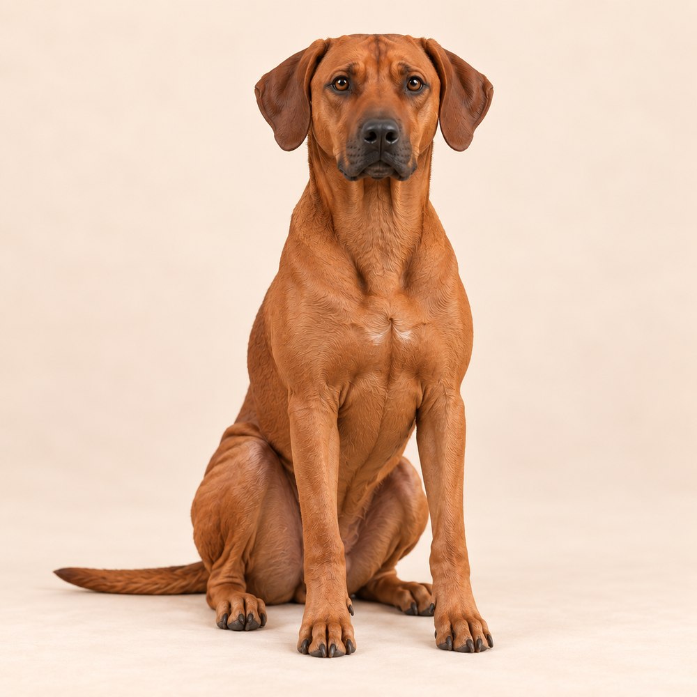 Illustrative front view of a custom Rhodesian Ridgeback polymer clay figurine.