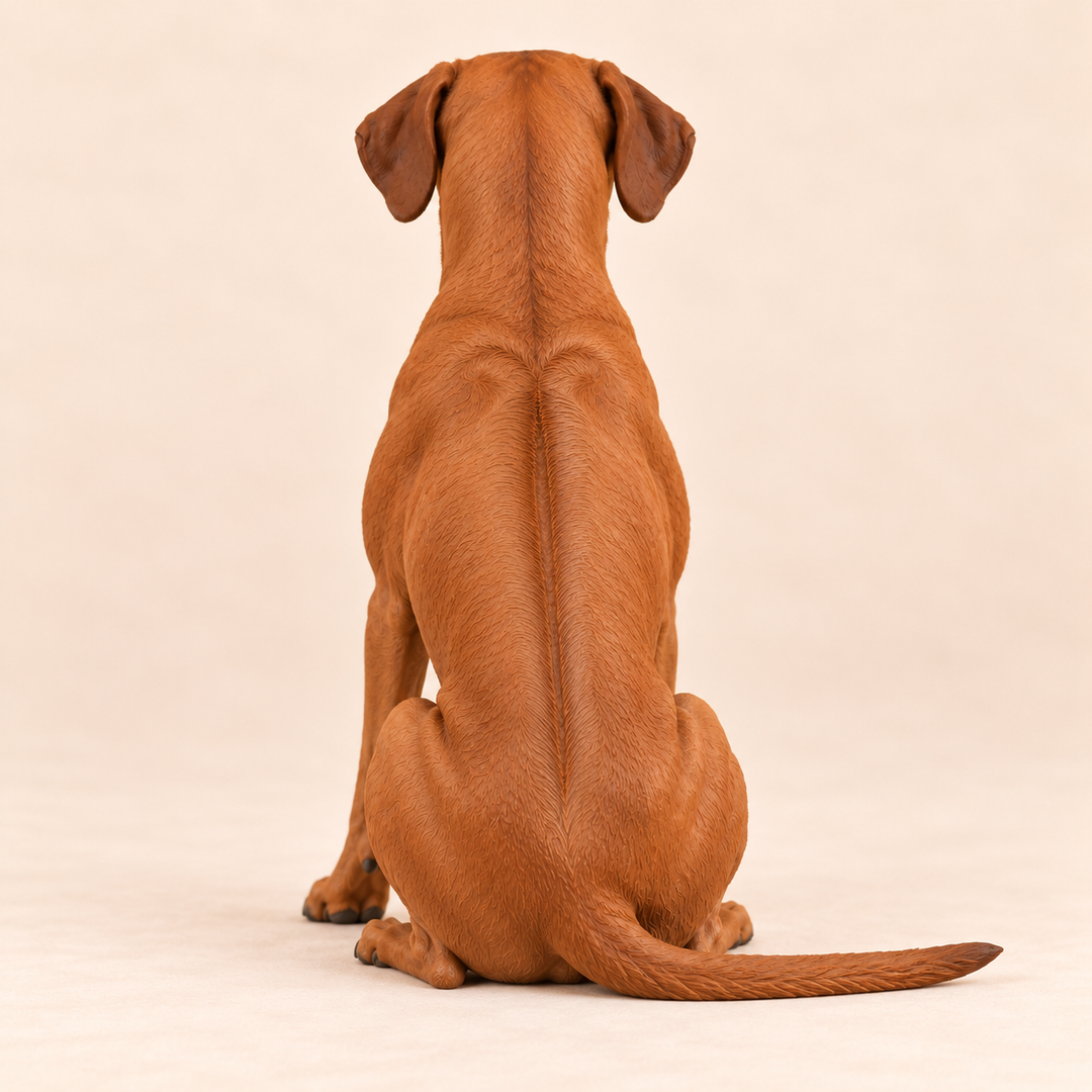 Illustrative rear view of a custom Rhodesian Ridgeback polymer clay figurine.