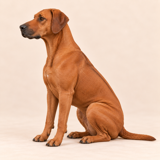 Illustrative side view of a custom Rhodesian Ridgeback polymer clay figurine.