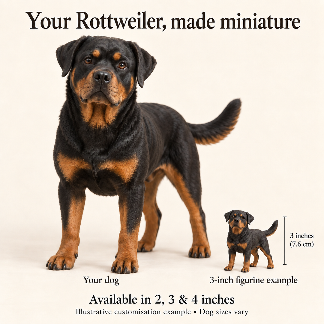 Illustrative Rottweiler comparison showing a small 3-inch figurine beside a dog; available in 2, 3 and 4 inches. Dog sizes vary.