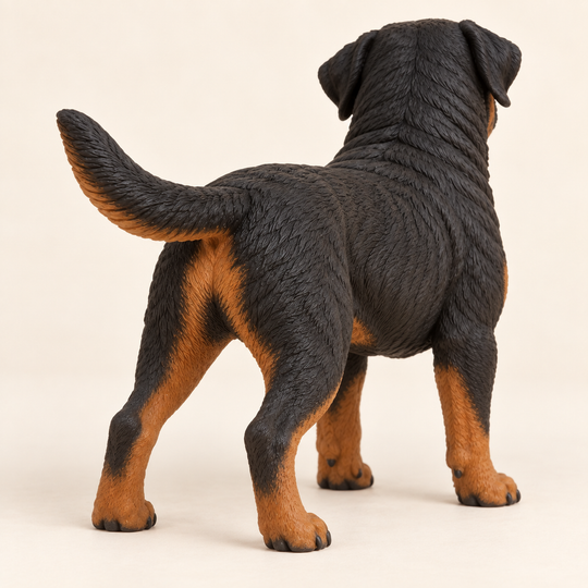 Illustrative rear view of a custom Rottweiler polymer clay figurine.