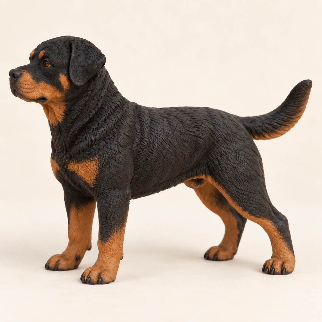 Illustrative side view of a custom Rottweiler polymer clay figurine.