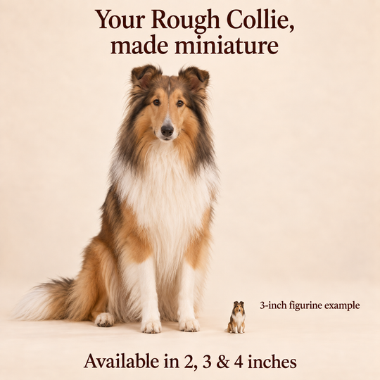 Illustrative Rough Collie comparison showing a small 3-inch figurine beside a dog; available in 2, 3 and 4 inches. Dog sizes vary.