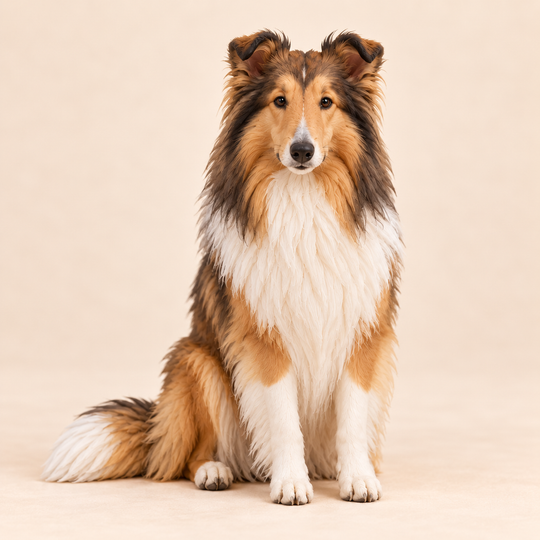 Illustrative front view of a custom Rough Collie polymer clay figurine.