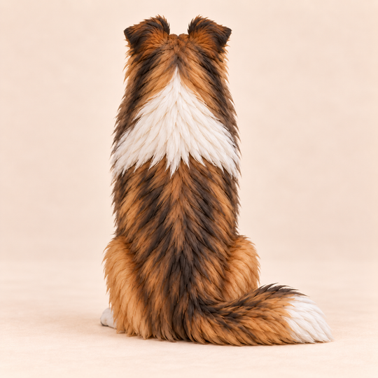 Illustrative rear view of a custom Rough Collie polymer clay figurine.