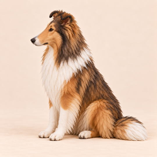 Illustrative side view of a custom Rough Collie polymer clay figurine.