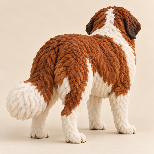 Illustrative rear view of a custom Saint Bernard polymer clay figurine.