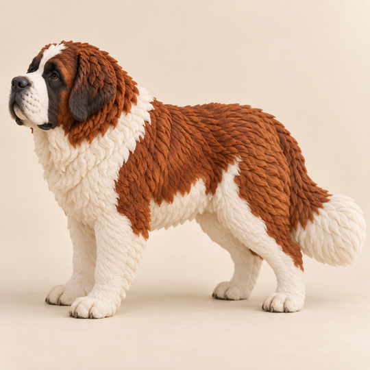 Illustrative side view of a custom Saint Bernard polymer clay figurine.