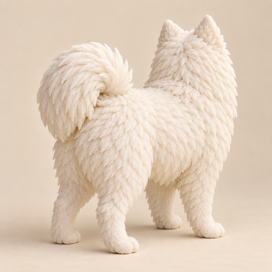 Illustrative rear view of a custom Samoyed polymer clay figurine.