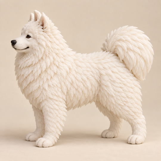 Illustrative side view of a custom Samoyed polymer clay figurine.