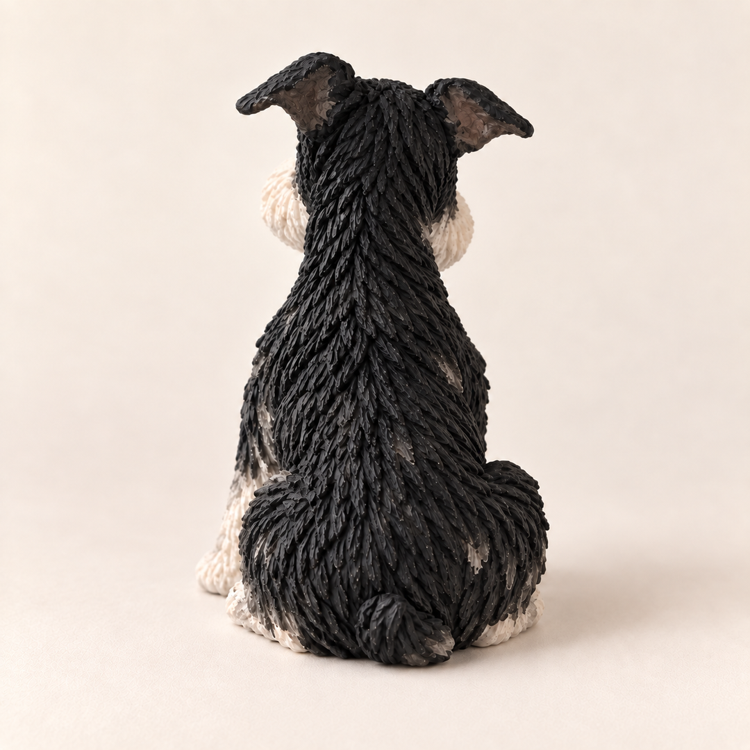 Illustrative back view of a salt-and-pepper Schnauzer polymer clay figurine.