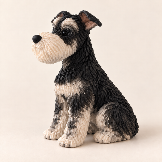Illustrative side view of a salt-and-pepper Schnauzer polymer clay figurine, showing its beard, coat texture and seated pose.