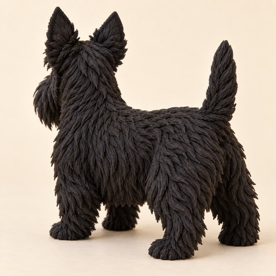 Illustrative rear view of a custom Scottish Terrier polymer clay figurine.