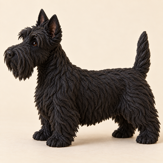 Illustrative side view of a custom Scottish Terrier polymer clay figurine.