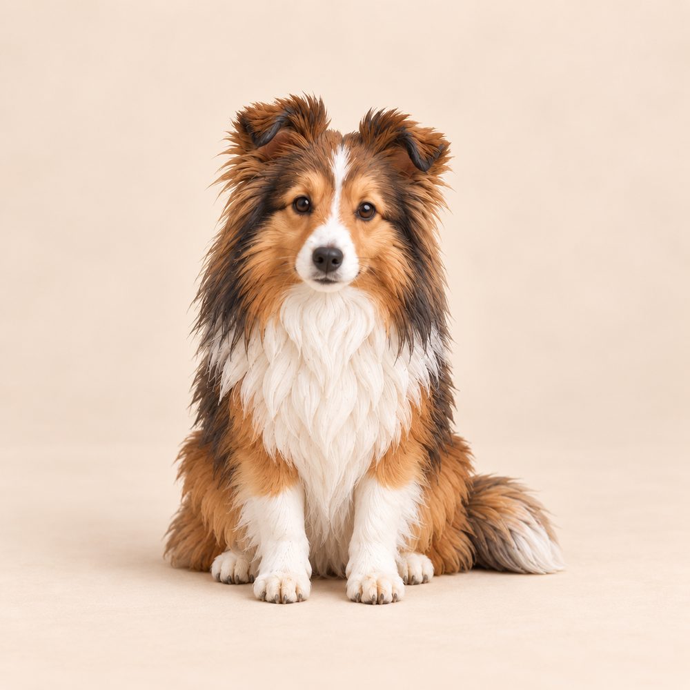 Illustrative front view of a custom Shetland Sheepdog polymer clay figurine.