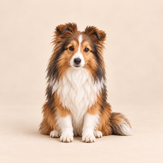 Illustrative front view of a custom Shetland Sheepdog polymer clay figurine.