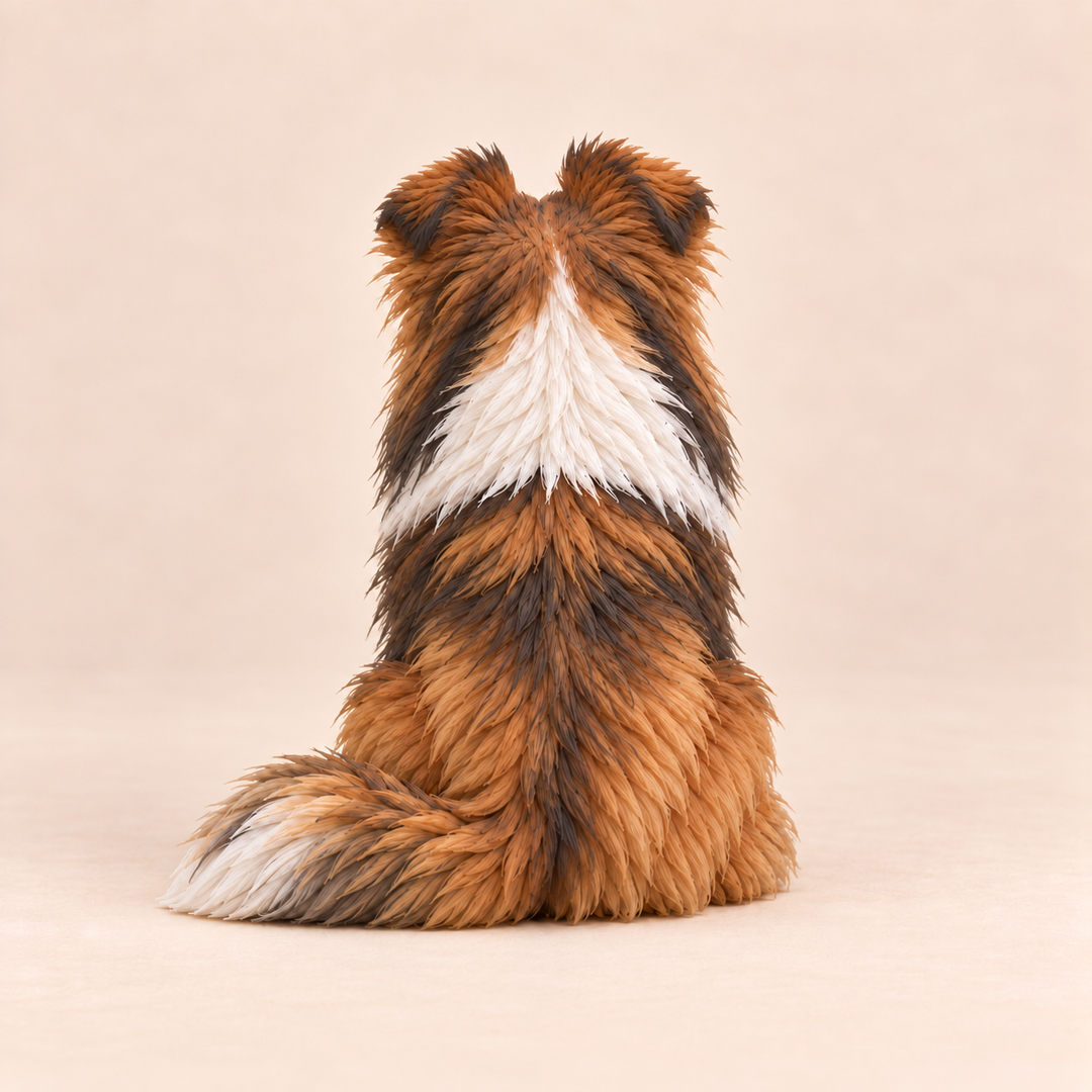 Illustrative rear view of a custom Shetland Sheepdog polymer clay figurine.