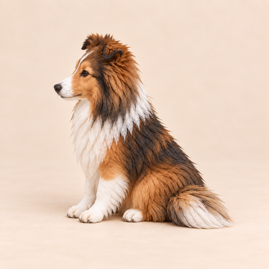 Illustrative side view of a custom Shetland Sheepdog polymer clay figurine.