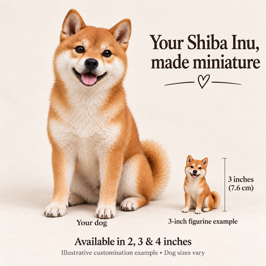 Illustrative Shiba Inu comparison showing a small 3-inch figurine example beside a full-size dog; available in 2, 3 and 4 inches. Dog sizes vary.