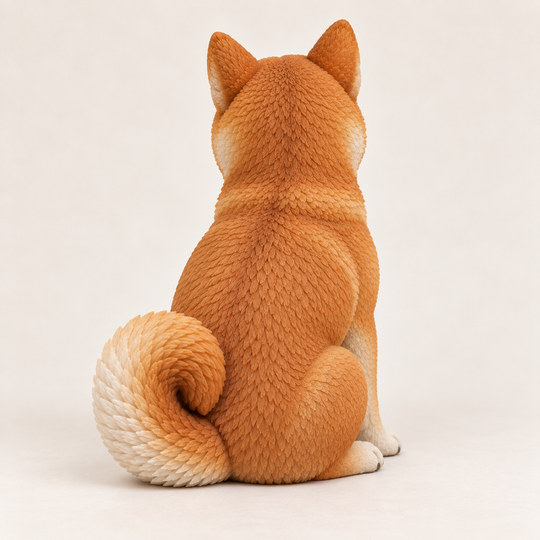 Illustrative rear view of a Shiba Inu figurine showing its red coat and cream curled tail.