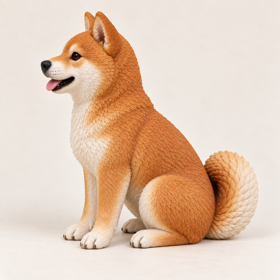 Illustrative side view of a seated Shiba Inu polymer clay figurine.