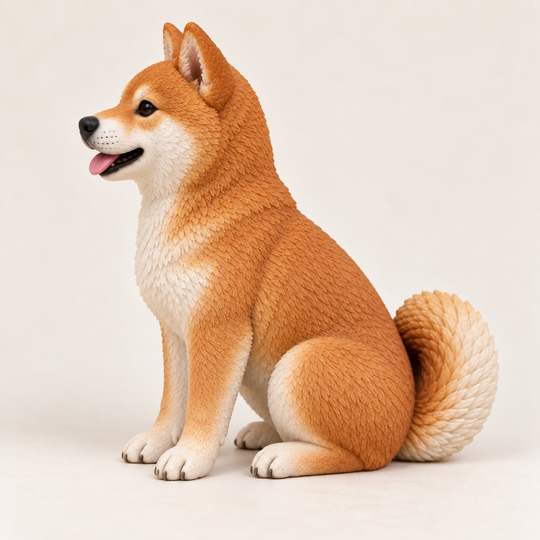 Illustrative side view of a seated Shiba Inu polymer clay figurine.