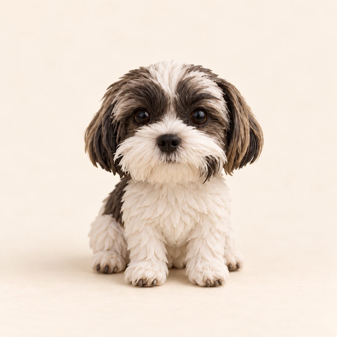 Illustrative front view of a custom Shih Tzu polymer clay figurine.
