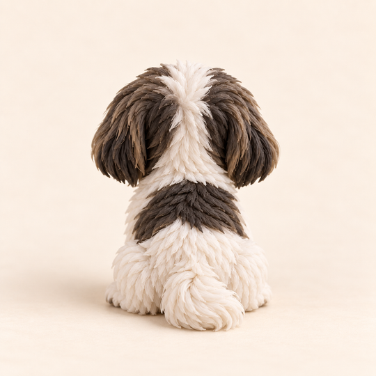 Illustrative rear view of a custom Shih Tzu polymer clay figurine.