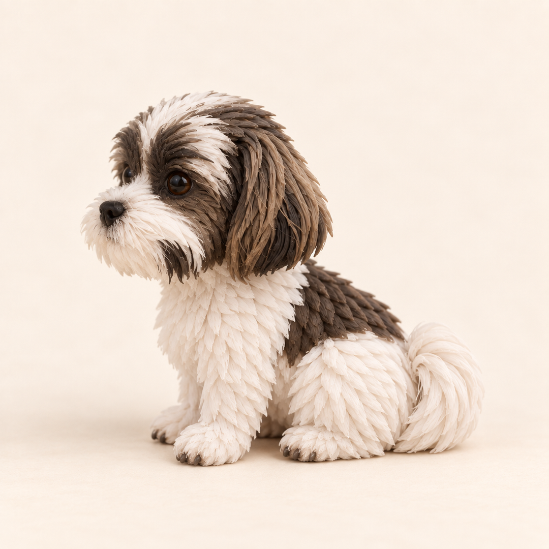 Illustrative side view of a custom Shih Tzu polymer clay figurine.