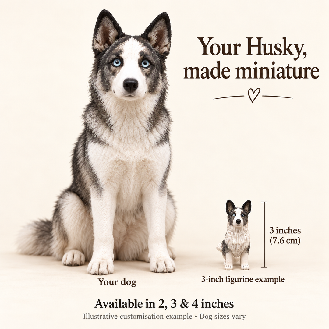 Illustrative Siberian Husky comparison showing a small 3-inch figurine example beside a full-size dog; available in 2, 3 and 4 inches. Dog sizes vary.