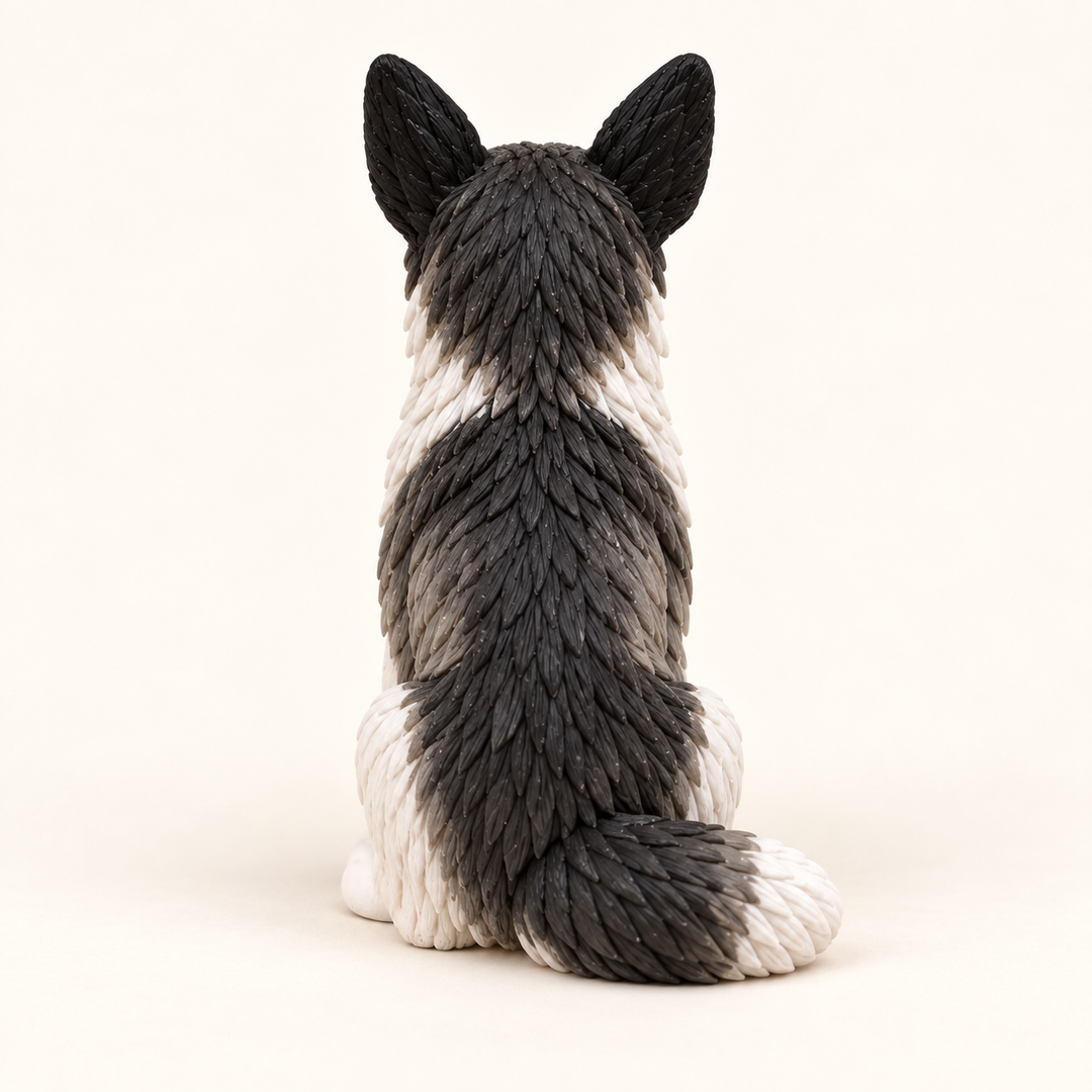 Illustrative rear view of a Siberian Husky figurine with grey saddle coat and white-tipped tail.