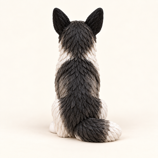 Illustrative rear view of a Siberian Husky figurine with grey saddle coat and white-tipped tail.