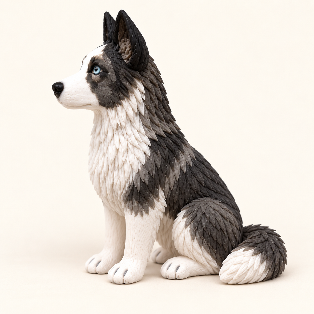 Illustrative side view of a seated Siberian Husky polymer clay figurine.