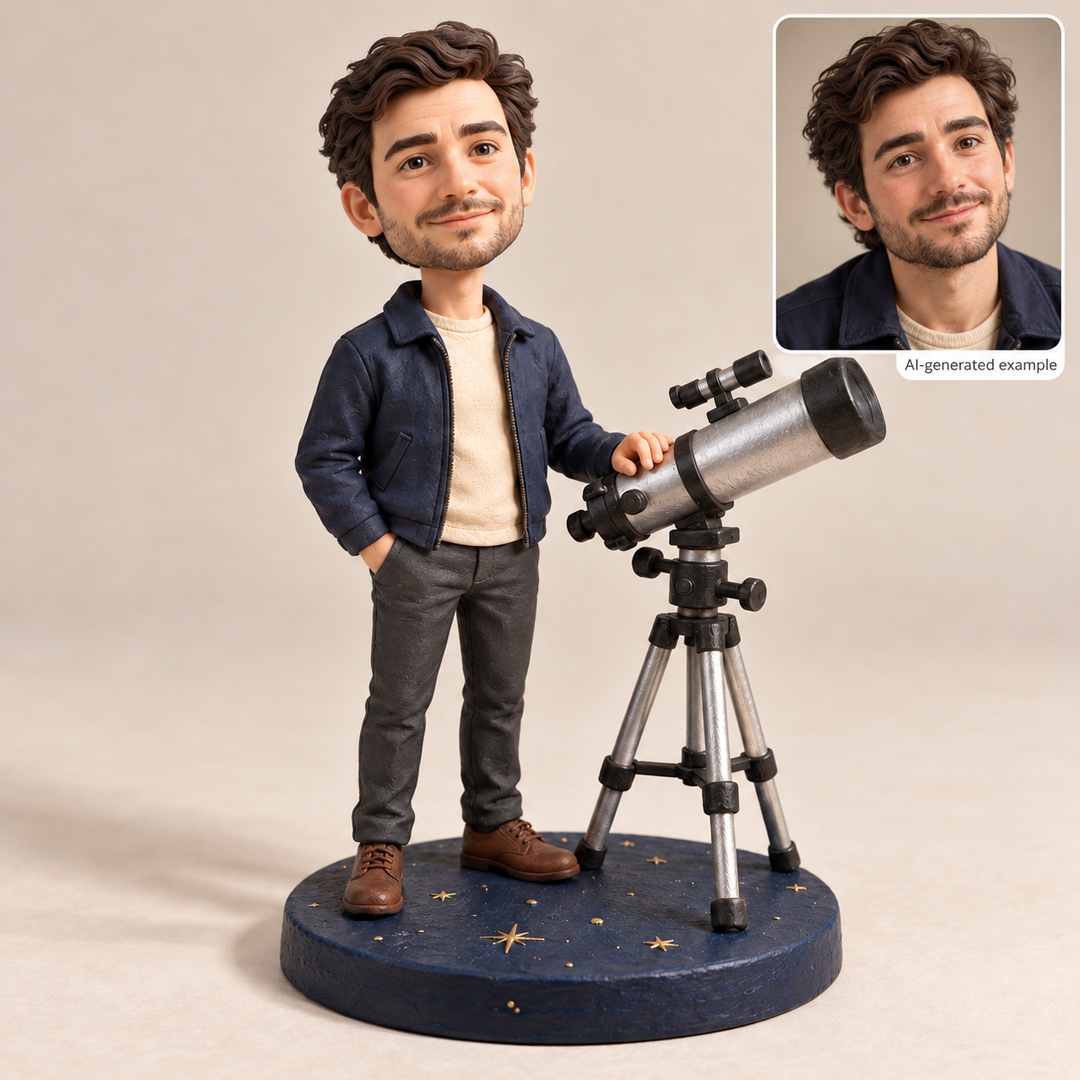 AI-generated stargazer bobblehead example with matching fictional human portrait