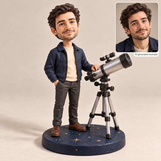 AI-generated stargazer bobblehead example with matching fictional human portrait