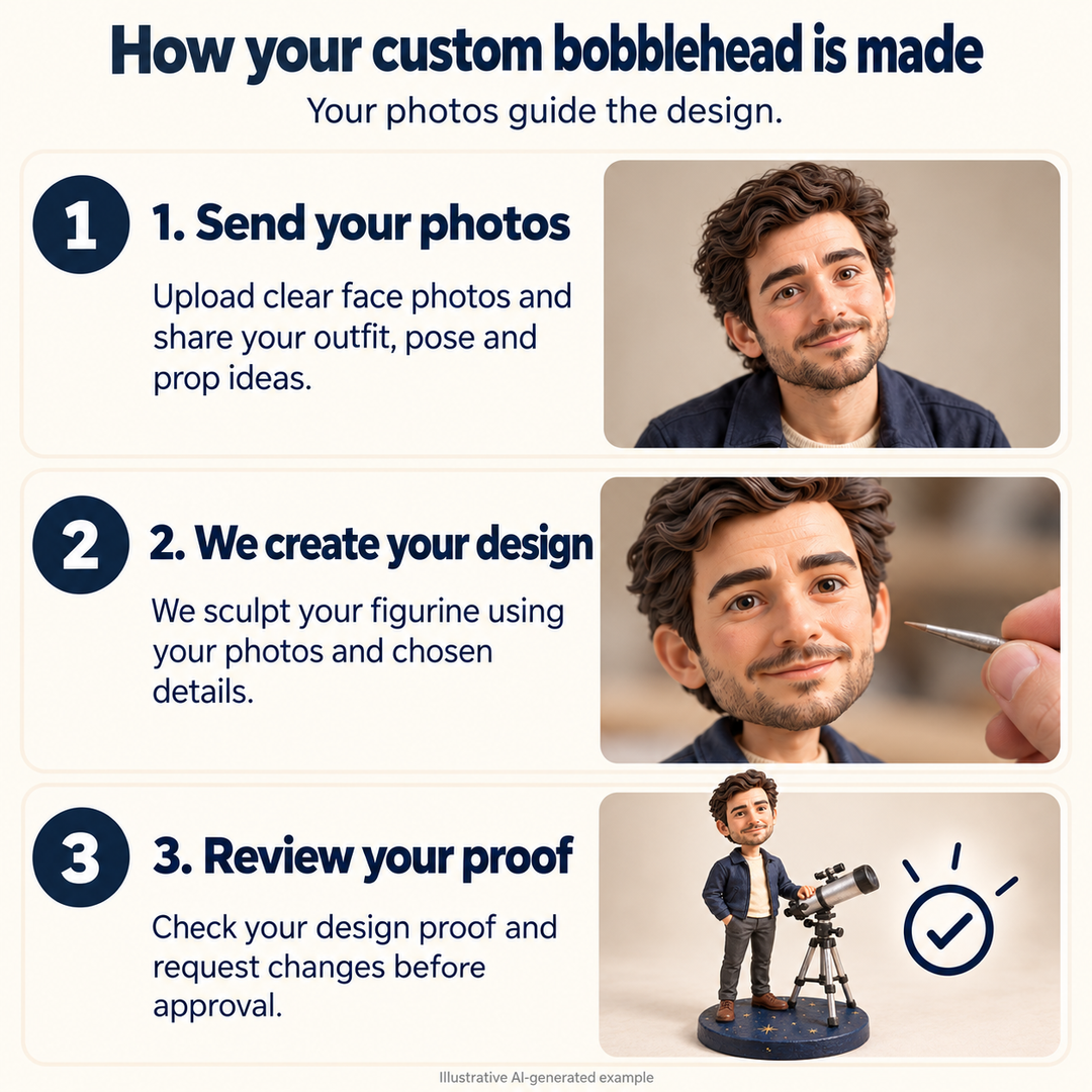 Send your photos, we create your figurine, then review your design proof