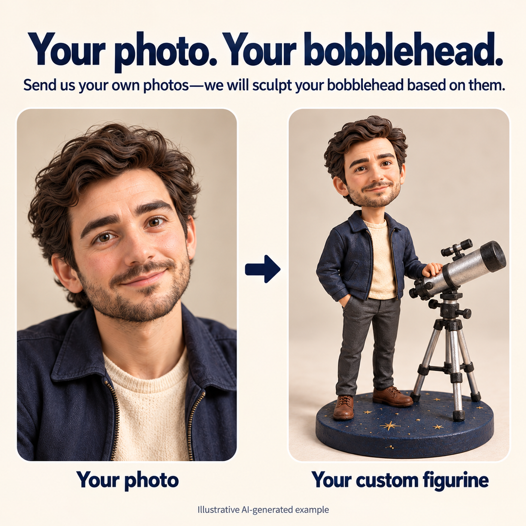 Send your own photos and we will sculpt your bobblehead based on them; AI-generated example comparison