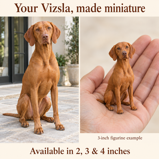 Illustrative Vizsla comparison showing a small 3-inch figurine beside a dog; available in 2, 3 and 4 inches. Dog sizes vary.
