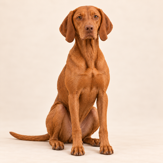 Illustrative front view of a custom Vizsla polymer clay figurine.