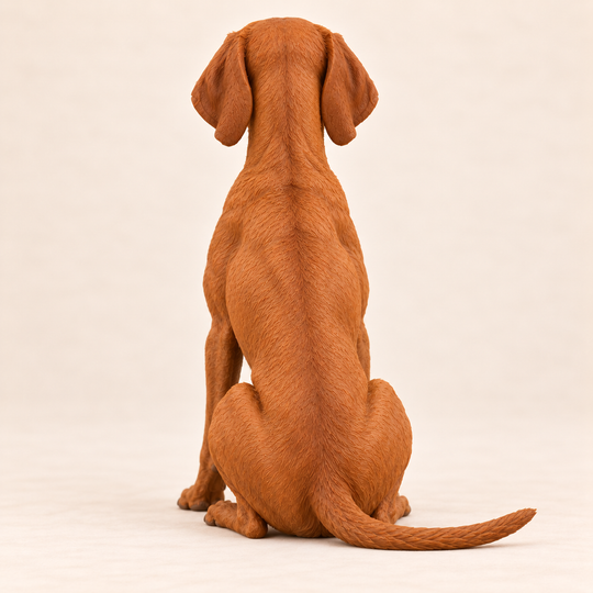 Illustrative rear view of a custom Vizsla polymer clay figurine.