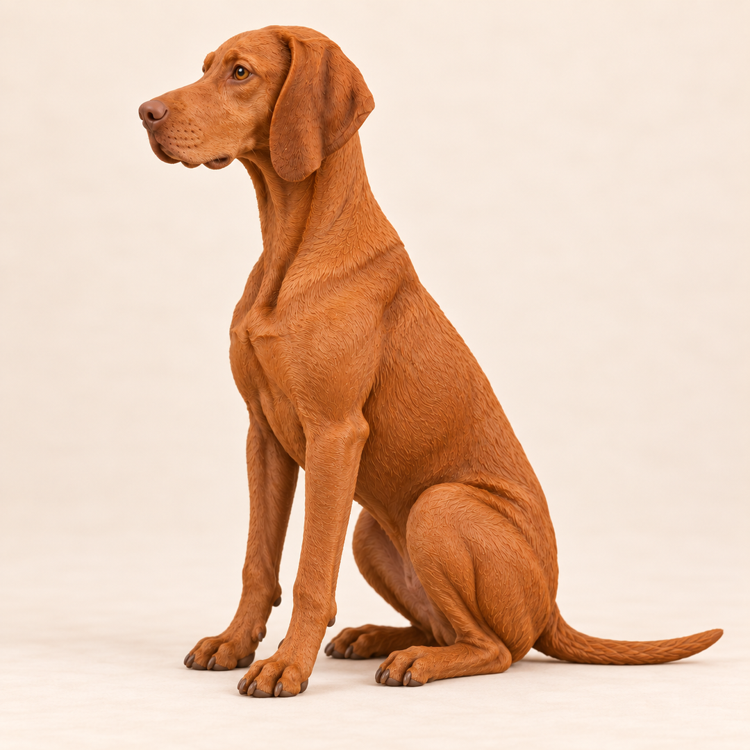 Illustrative side view of a custom Vizsla polymer clay figurine.