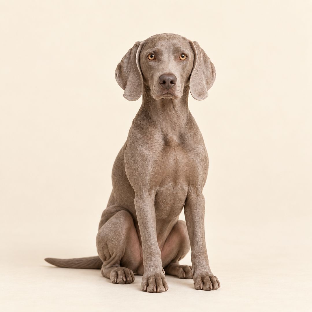 Illustrative front view of a custom Weimaraner polymer clay figurine.