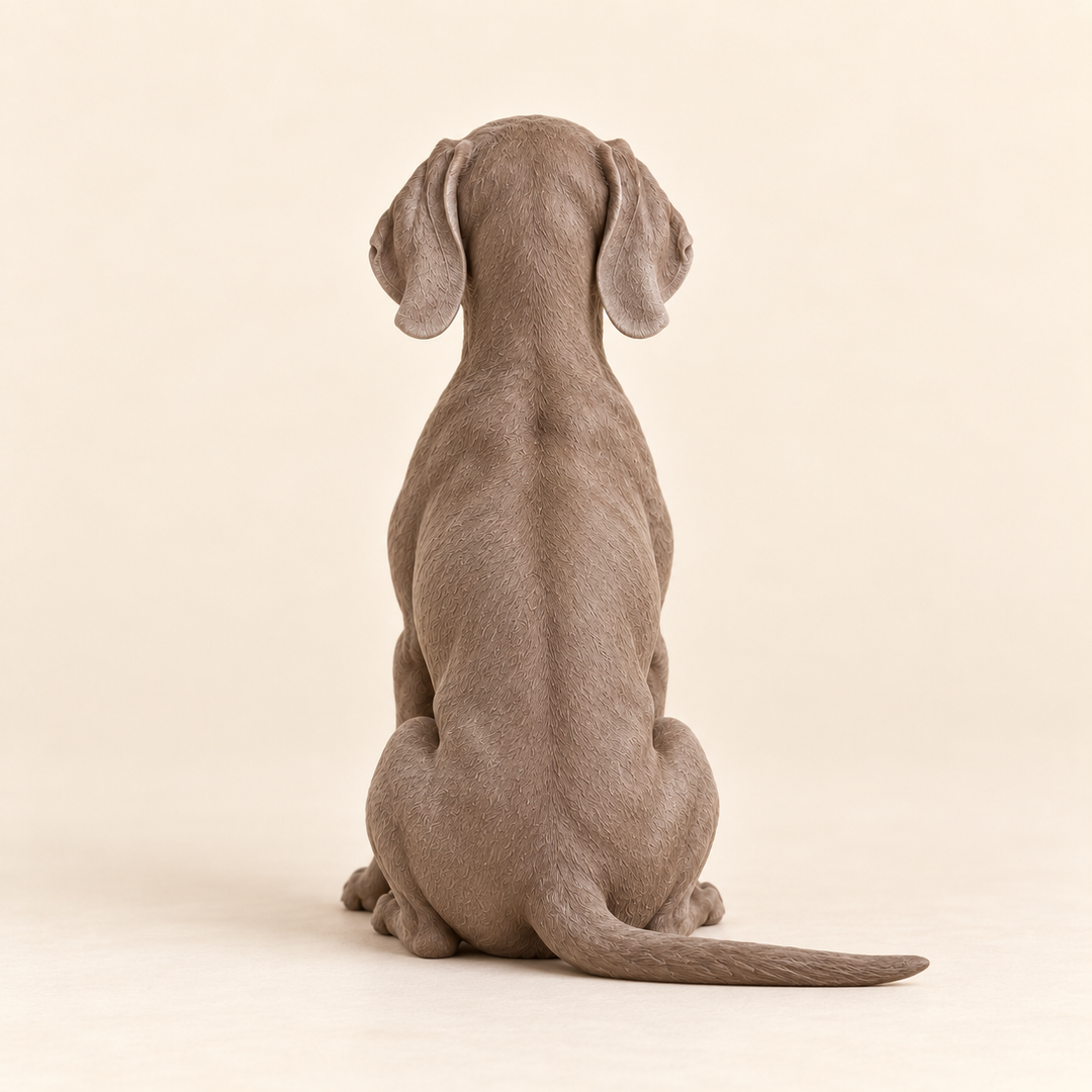 Illustrative rear view of a custom Weimaraner polymer clay figurine.