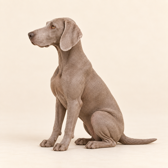Illustrative side view of a custom Weimaraner polymer clay figurine.