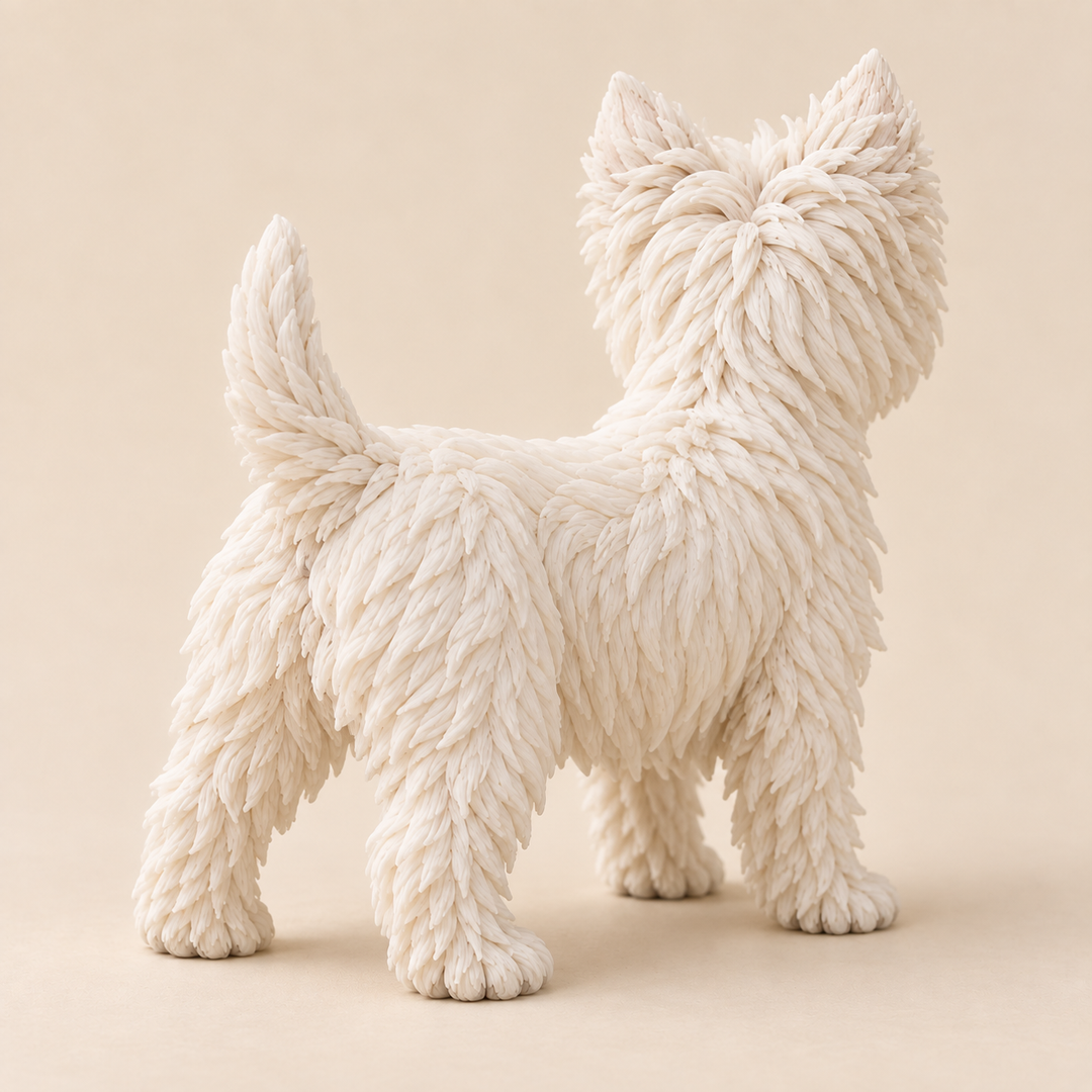 Illustrative rear view of a custom West Highland White Terrier polymer clay figurine.