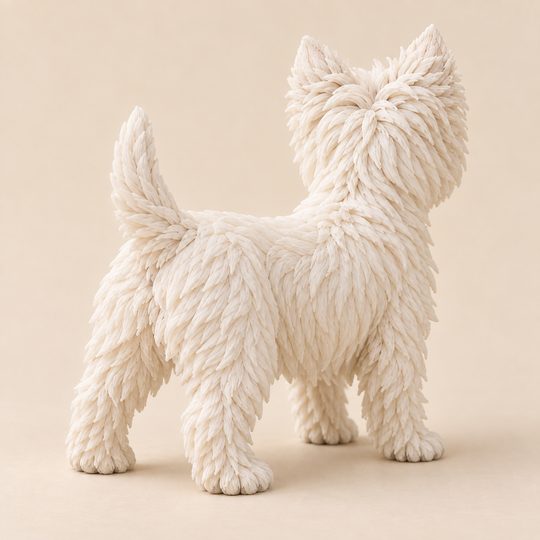 Illustrative rear view of a custom West Highland White Terrier polymer clay figurine.