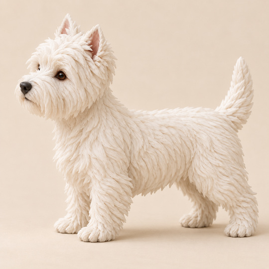 Illustrative side view of a custom West Highland White Terrier polymer clay figurine.