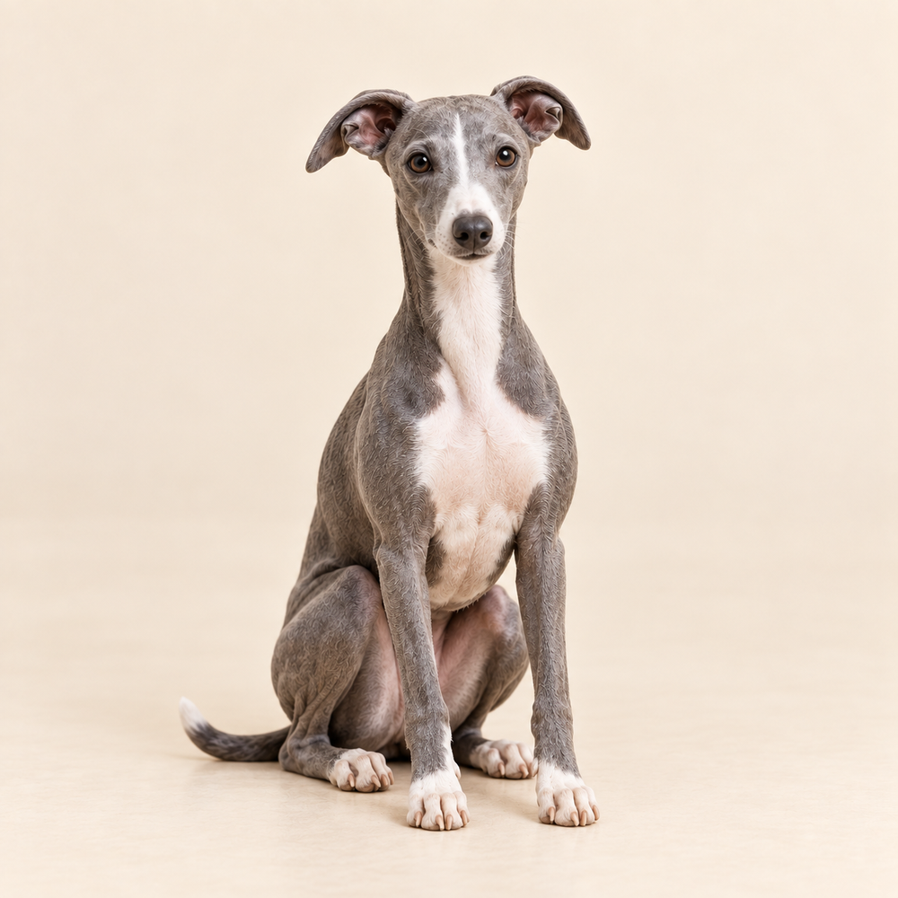 Illustrative front view of a custom Whippet polymer clay figurine.